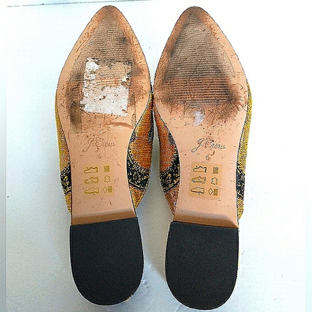 Excellent Used Pair J. Crew Marina Marigold/Black Brocade Pointed Toe Flat Mule - Picture 9 of 14